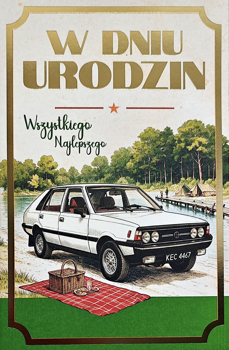 301 JCX Kartka na urodziny PRL „Polonez i piknik nad jeziorem”