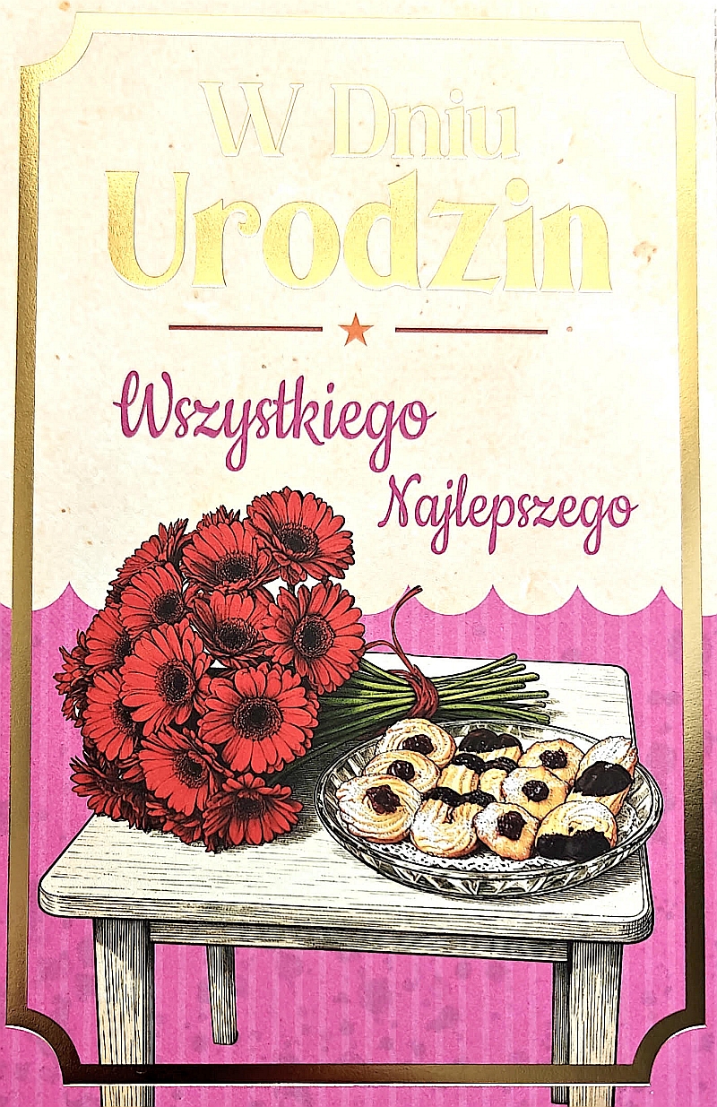 303 JCX Kartka na urodziny PRL „Gerbery i ciasteczka”