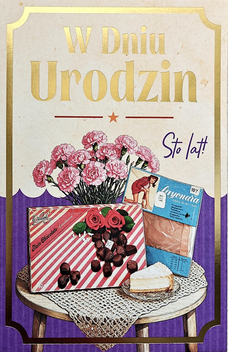305 JCX Kartka na urodziny PRL „Goździki, bombonierka i rajstopy”